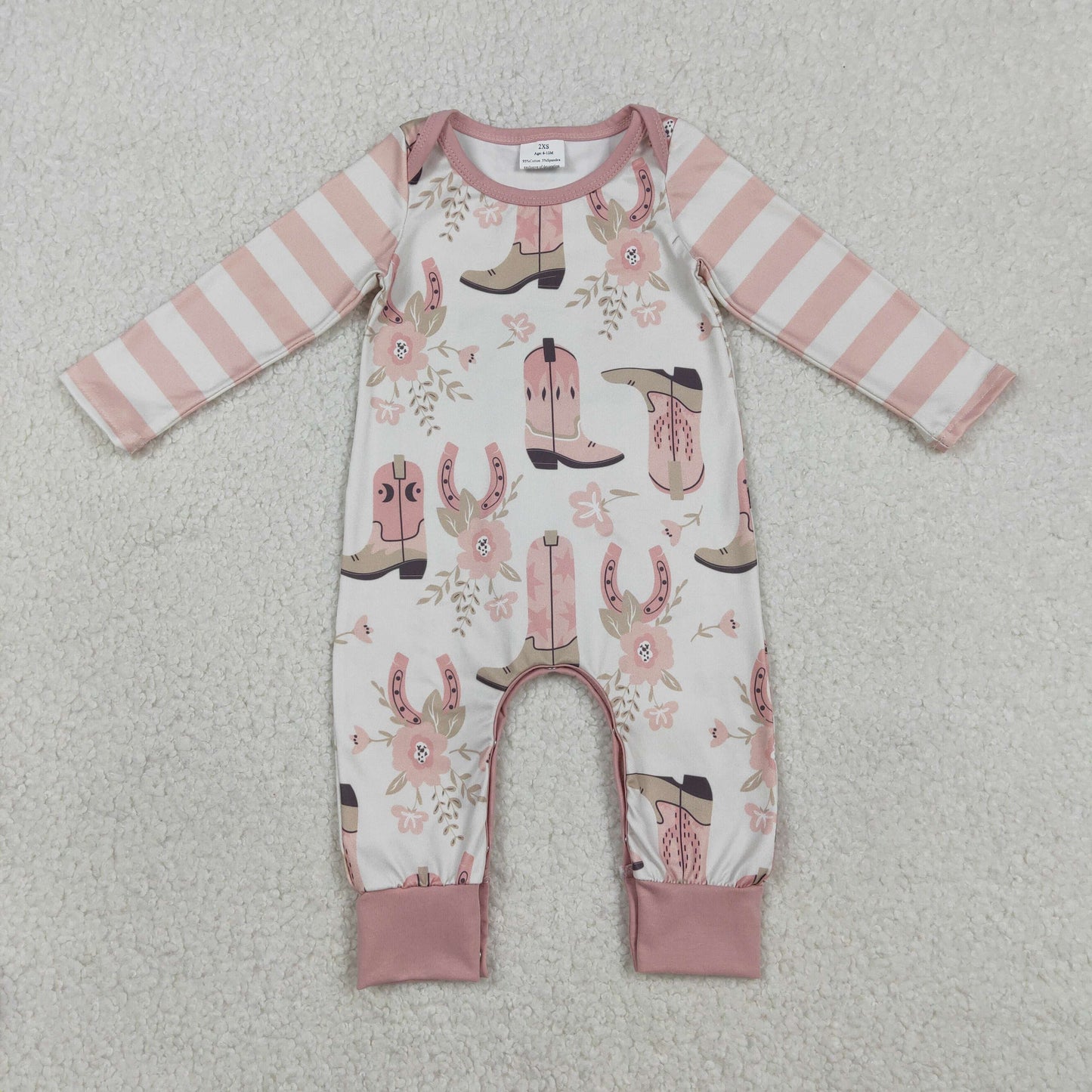 LR2976 Baby Girls Pink Stripe Long Sleeve Flowers Boots Western Rompers