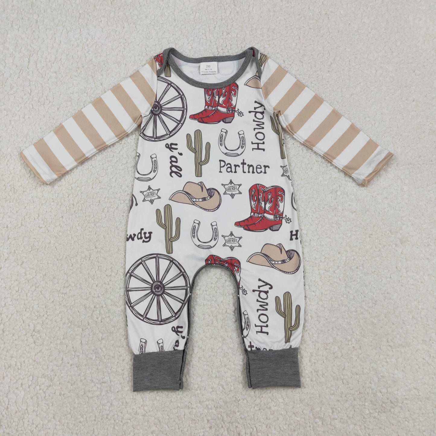 LR2977 Baby Boys Stripe Long Sleeve Cactus Hats Boots Western Rompers