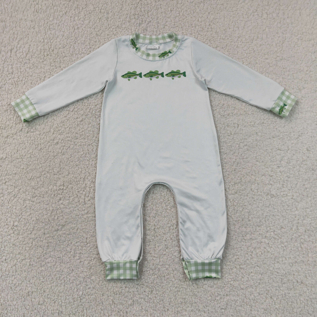 LR3006 Baby Boys Long Sleeve Green Fishes Hunting Pant Rompers