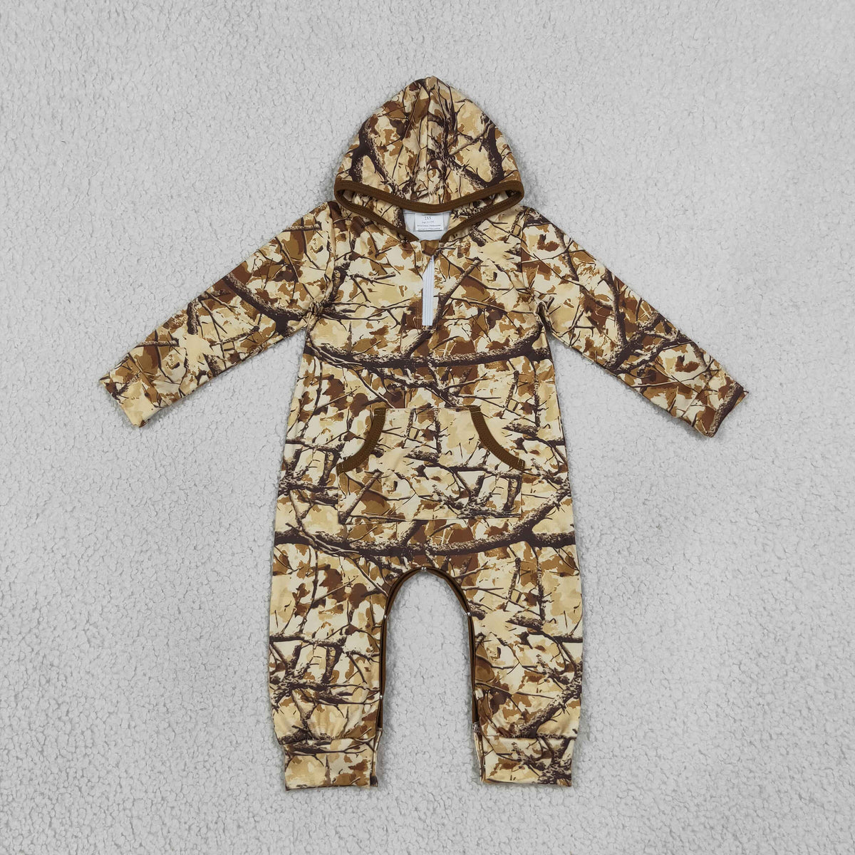LR3033 Baby Boys Long Sleeve Khaki Leaves Camo Zip Pockets Hoodie Pant Rompers
