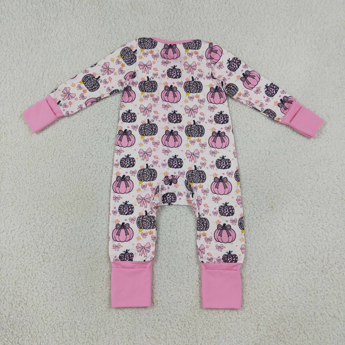 LR3061 Baby Girls Pink Bows Pumpkins Fall Two Way Ruffle Zip Convertible Rompers