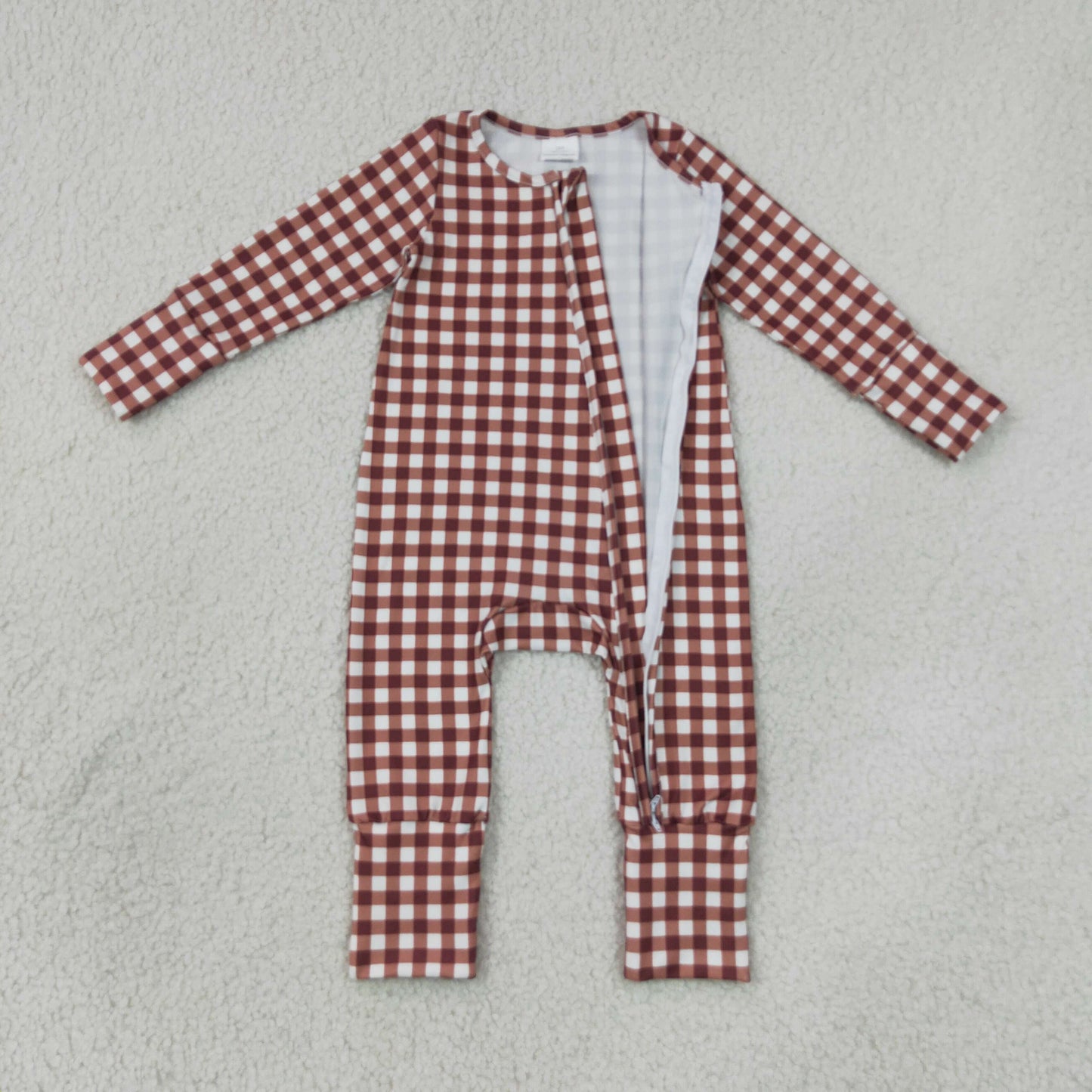 Sibling Baby Boys Long Sleeves Khaki Checked Top Pant Fall Pajamas Set Zip Rompers
