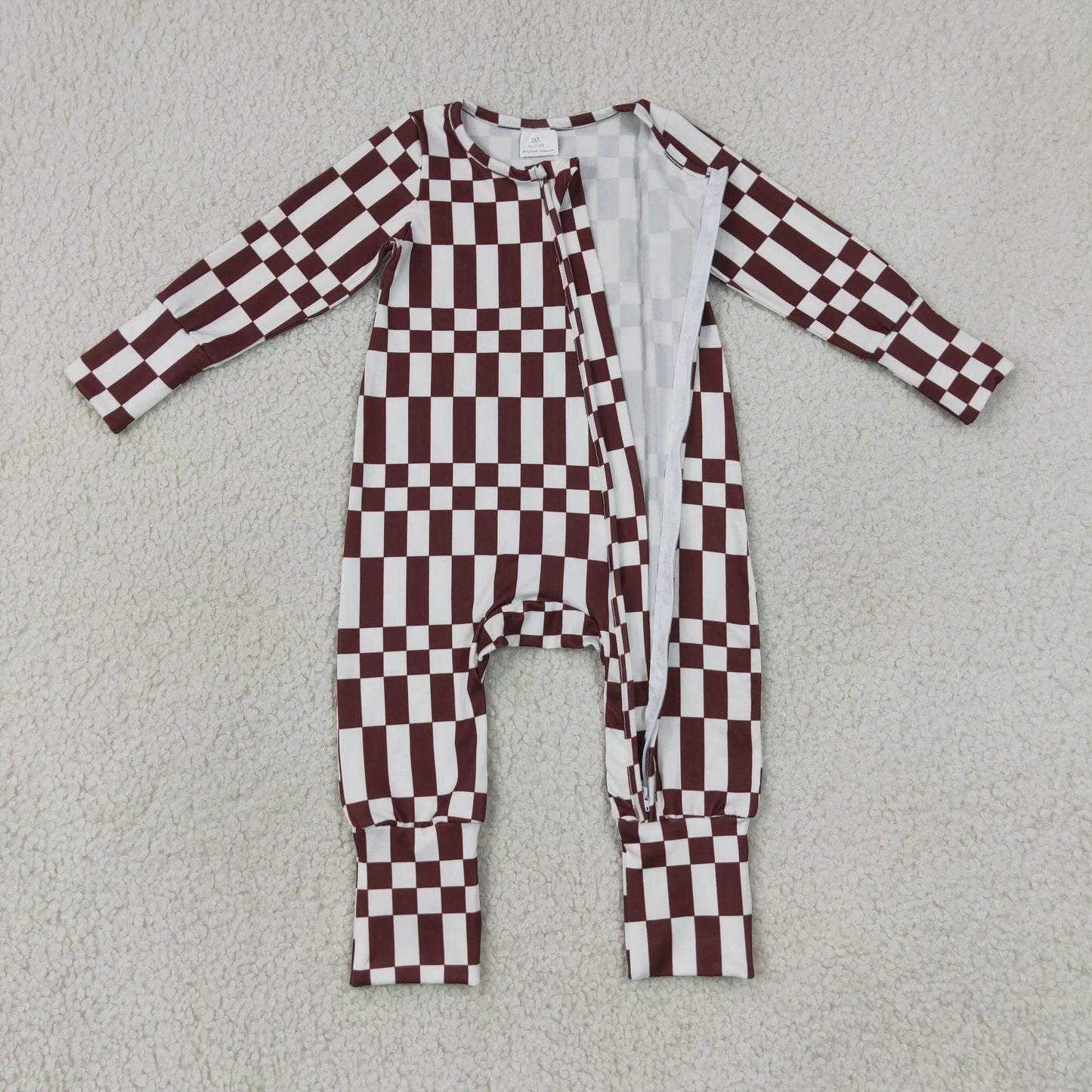 Sibling Baby Boys Long Sleeves Brown Checked Top Pant Fall Pajamas Set Zip Rompers