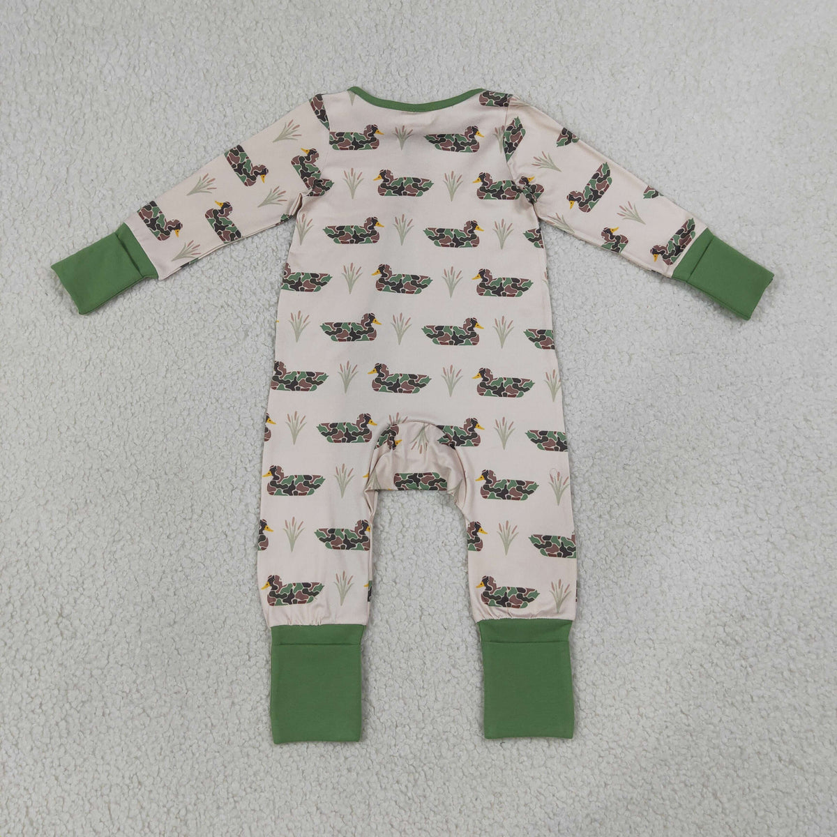 LR3117 Baby Boys Long Sleeve Green Camo Ducks Hunting Two Way Zip Convertible Rompers