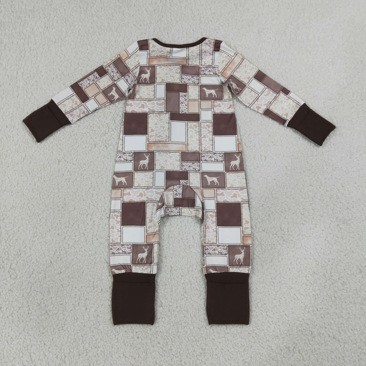 LR3118 Baby Boys Long Sleeve Dogs Deer Cammo Hunting Two Way Zip Convertible Rompers