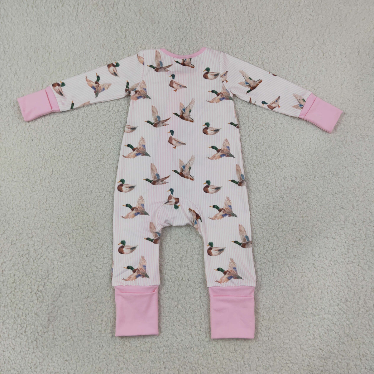 LR3218 Baby Girls Long SLeeve Pink Stripe Ducks Hunting Two Way Zip Convertible Rompers