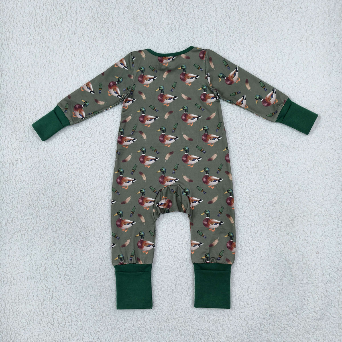 LR3232 Baby Boys Long SLeeve Green Ducks Calls Hunting Two Way Zip Convertible Rompers