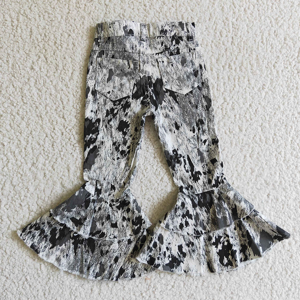 Western Black Tie Dye Double Ruffle Pants Jeans P0023