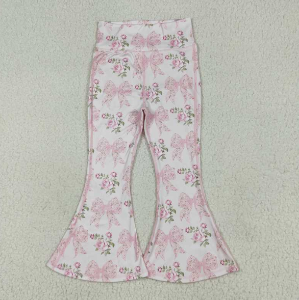P0768 Baby Girls Pink Bows Flowers Yoga Active Bell Bottom Pants