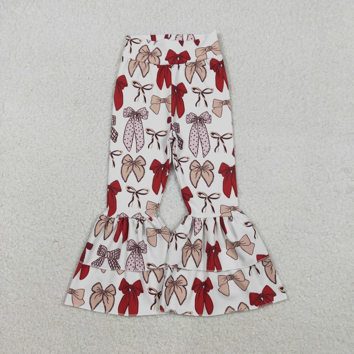 P0885 Baby Girls Red Bows Plaid Yoga Active Double Bell Bottom Pants
