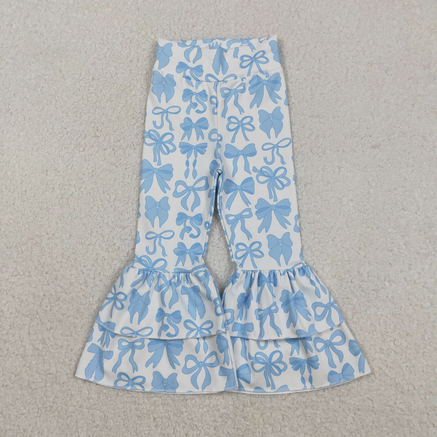 P0886 Baby Girls Blue Bows Plaid Yoga Active Double Bell Bottom Pants