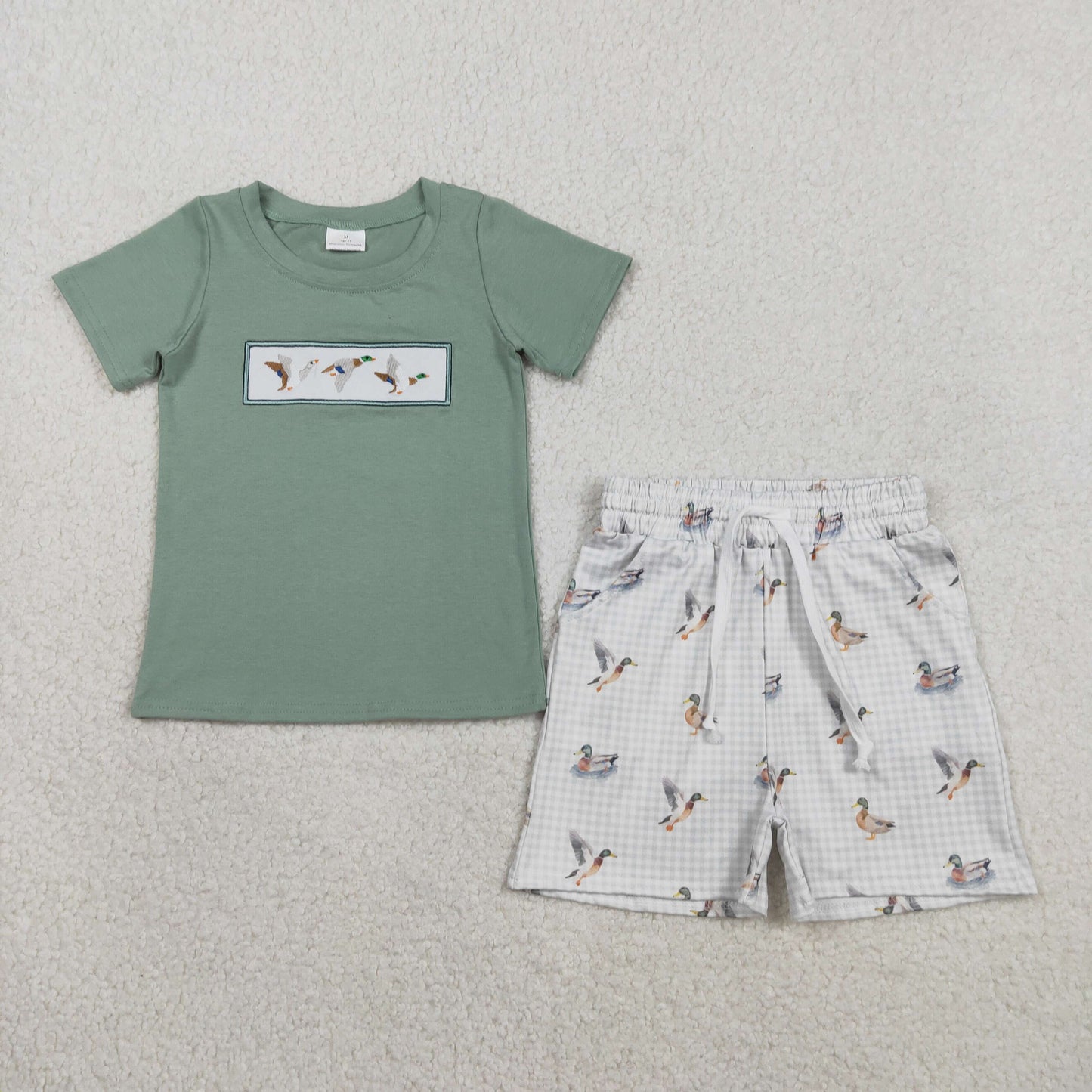 BSSO1639 Baby Boys Embroidery Ducks Top Checked Pockets Short Hutning Clothes Sets
