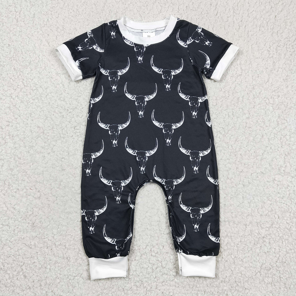 SR0142 Baby boys black cows western short sleeve rompers