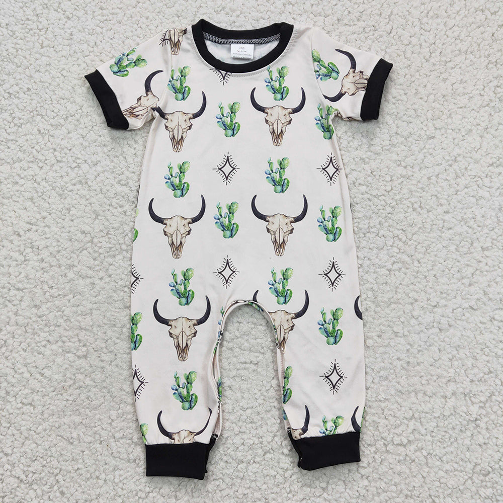 SR0144 Baby boys cactus cows western short sleeve rompers