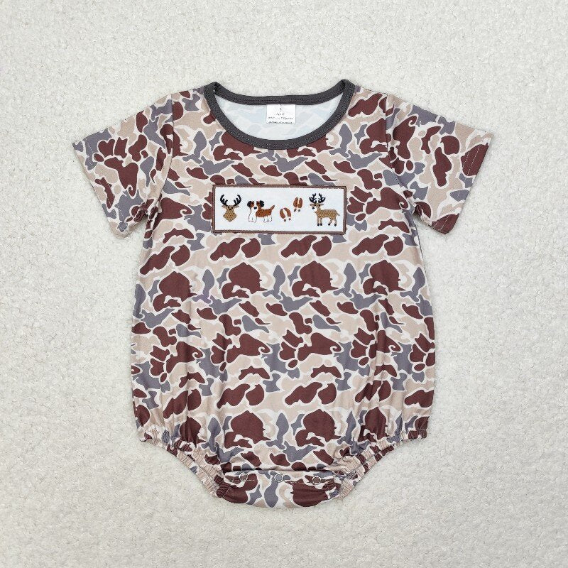 SR1785 baby boy deer dogs embroidery hunting camo toddler summer bubble rompers