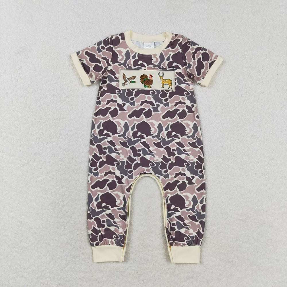 SR1901 baby boy deer dogs embroidery hunting camo toddler summer rompers