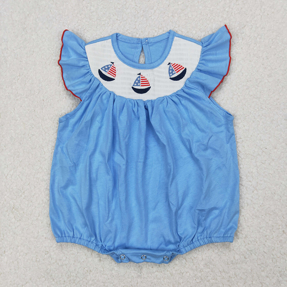 SR2573 Smocked Baby girls blue sailboats 4th of july rompers