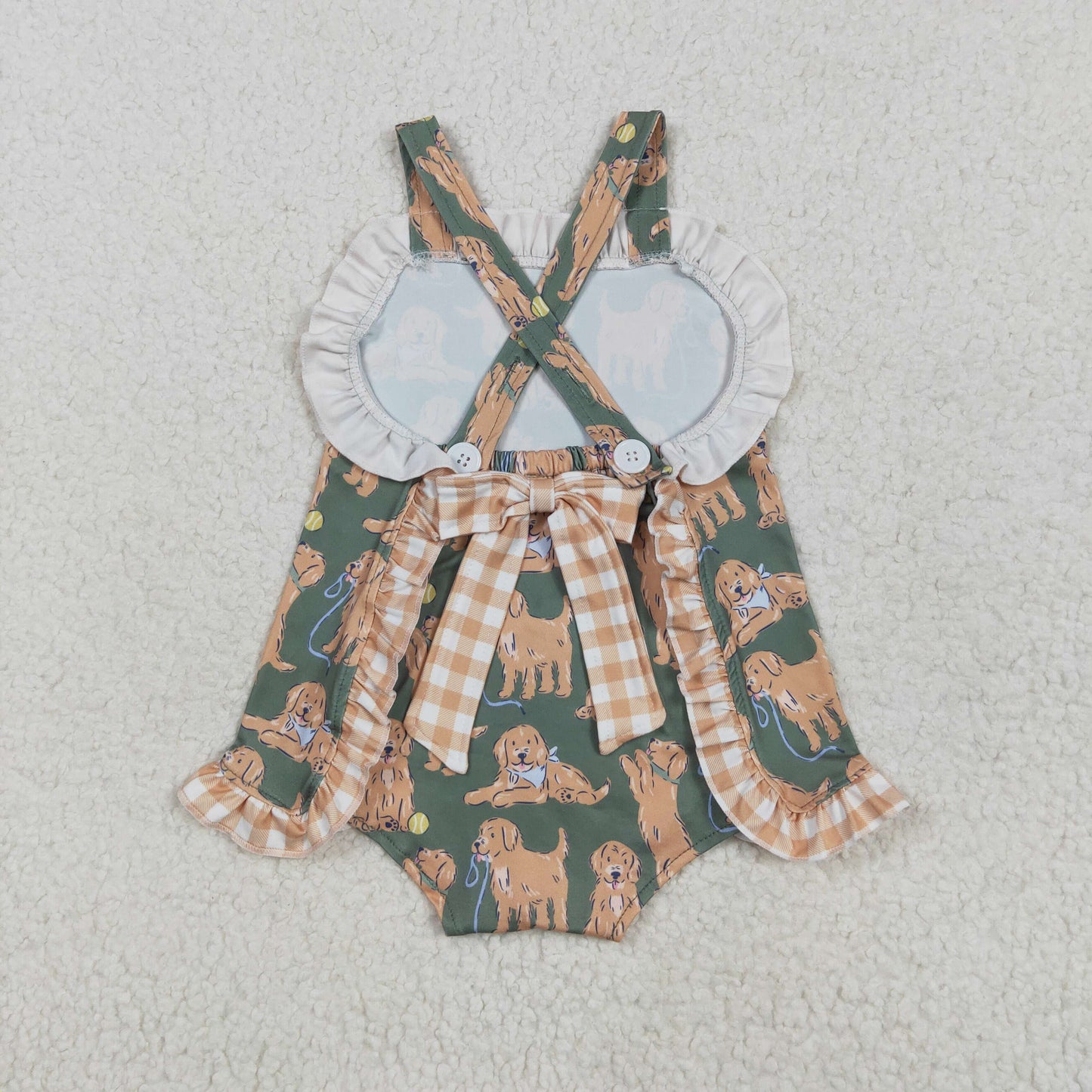 Sibling Baby Girls Green Sleeveless Dogs Bows Tunic Khaki Plaid Ruffle Shorts Sets Rompers