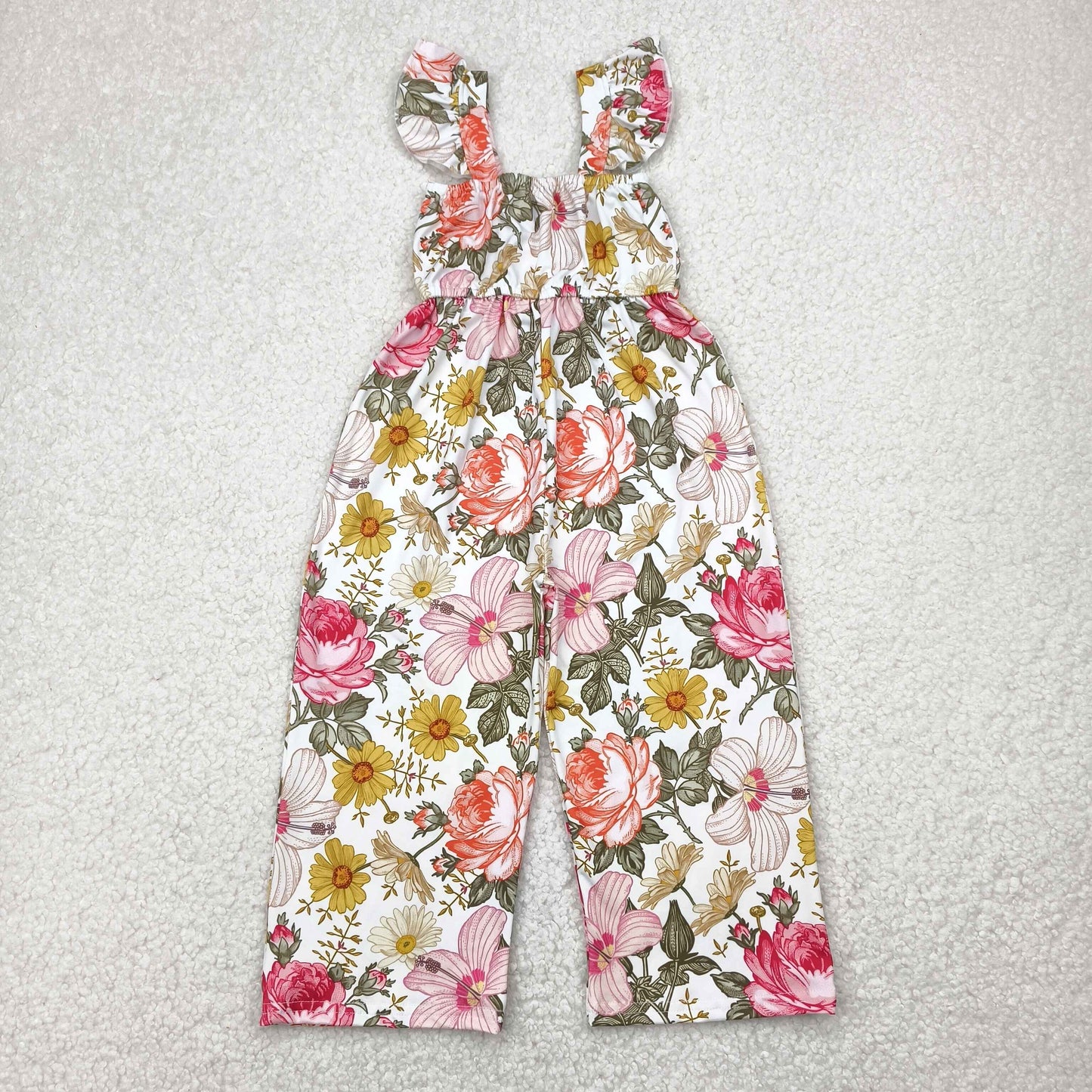 Sibling Baby Girls Flutter Sleeves Peach Daisy Flowers Leopard Bell Jumpsuits