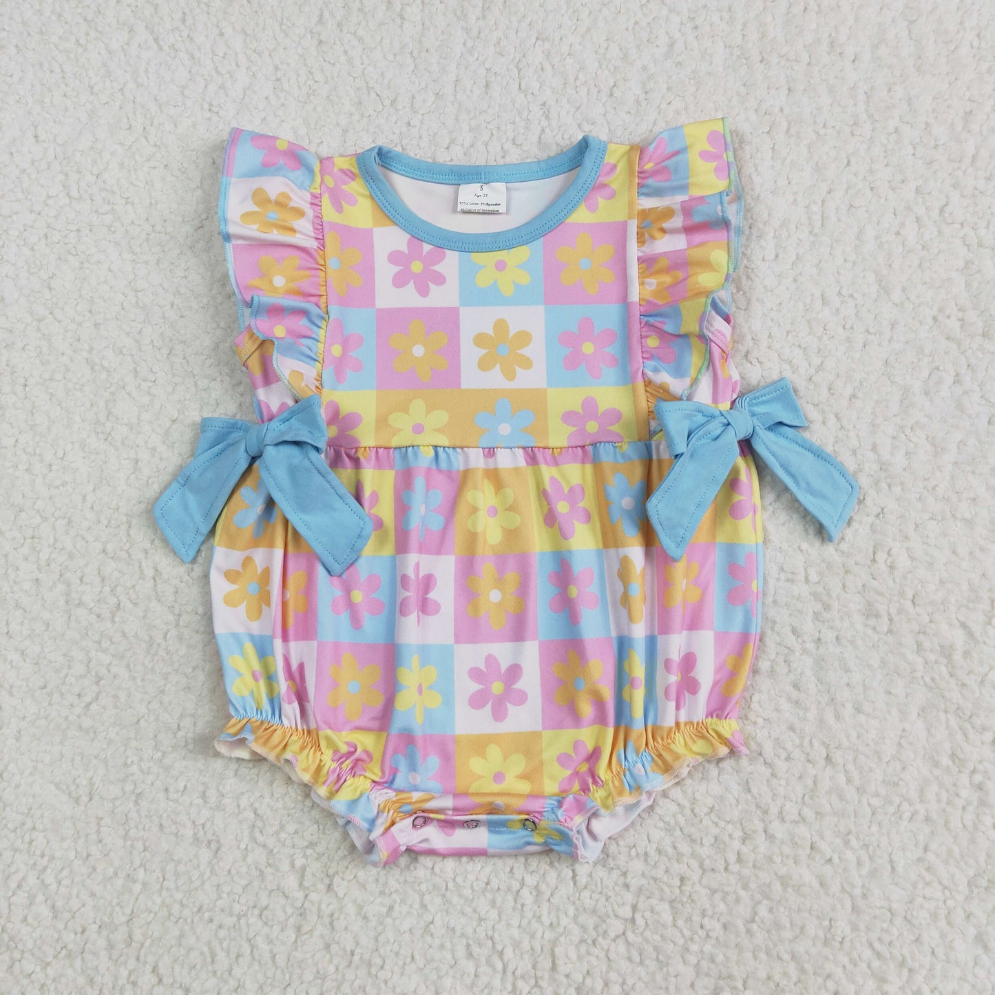 Sibling Baby Girls Blue Flutter Sleeves Flowers Plaid Tunic Ruffle Shorts Sets Rompers