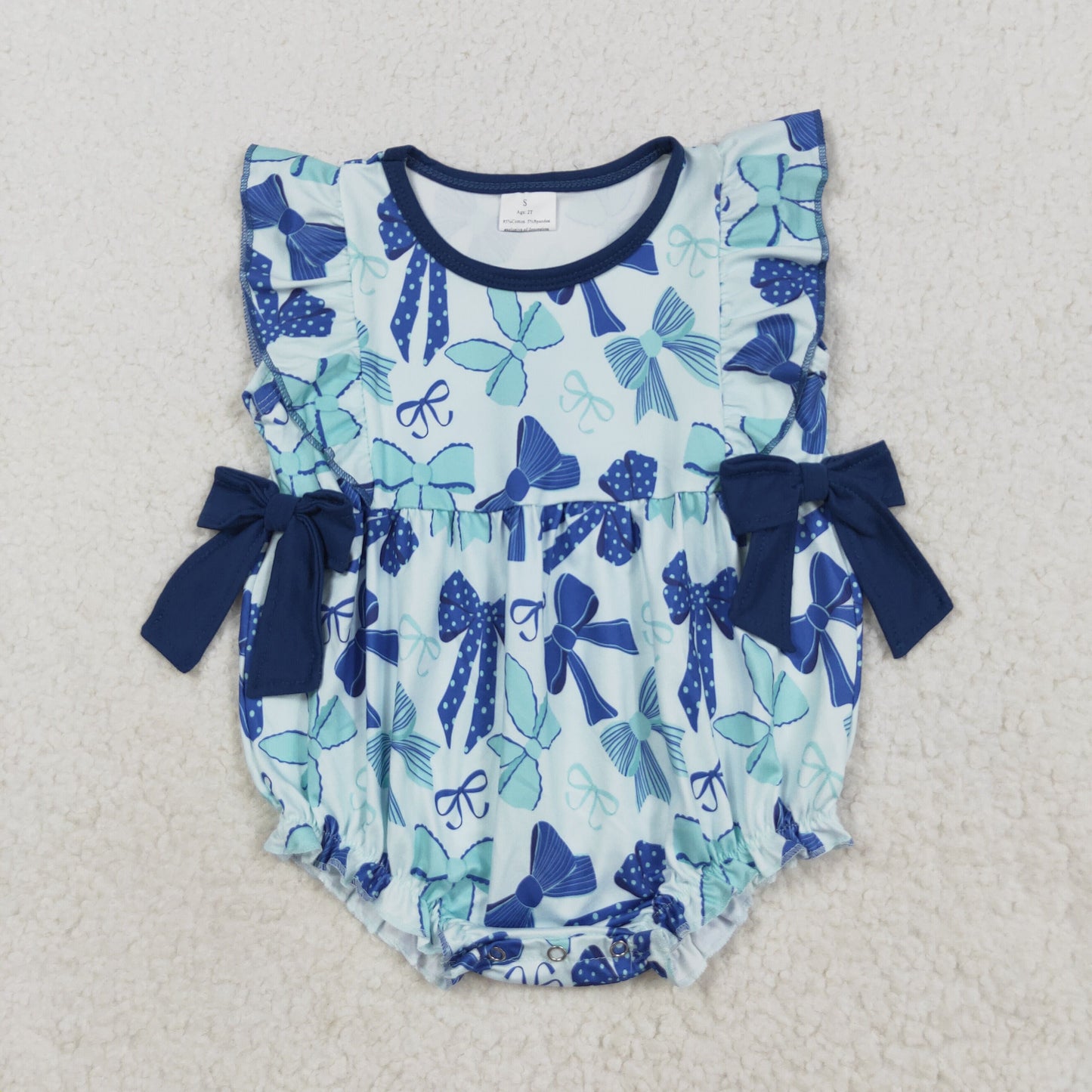 SR3121 Baby Girls Hot Blue Bows Plaid Flutter Sleeve Ruffle Rompers