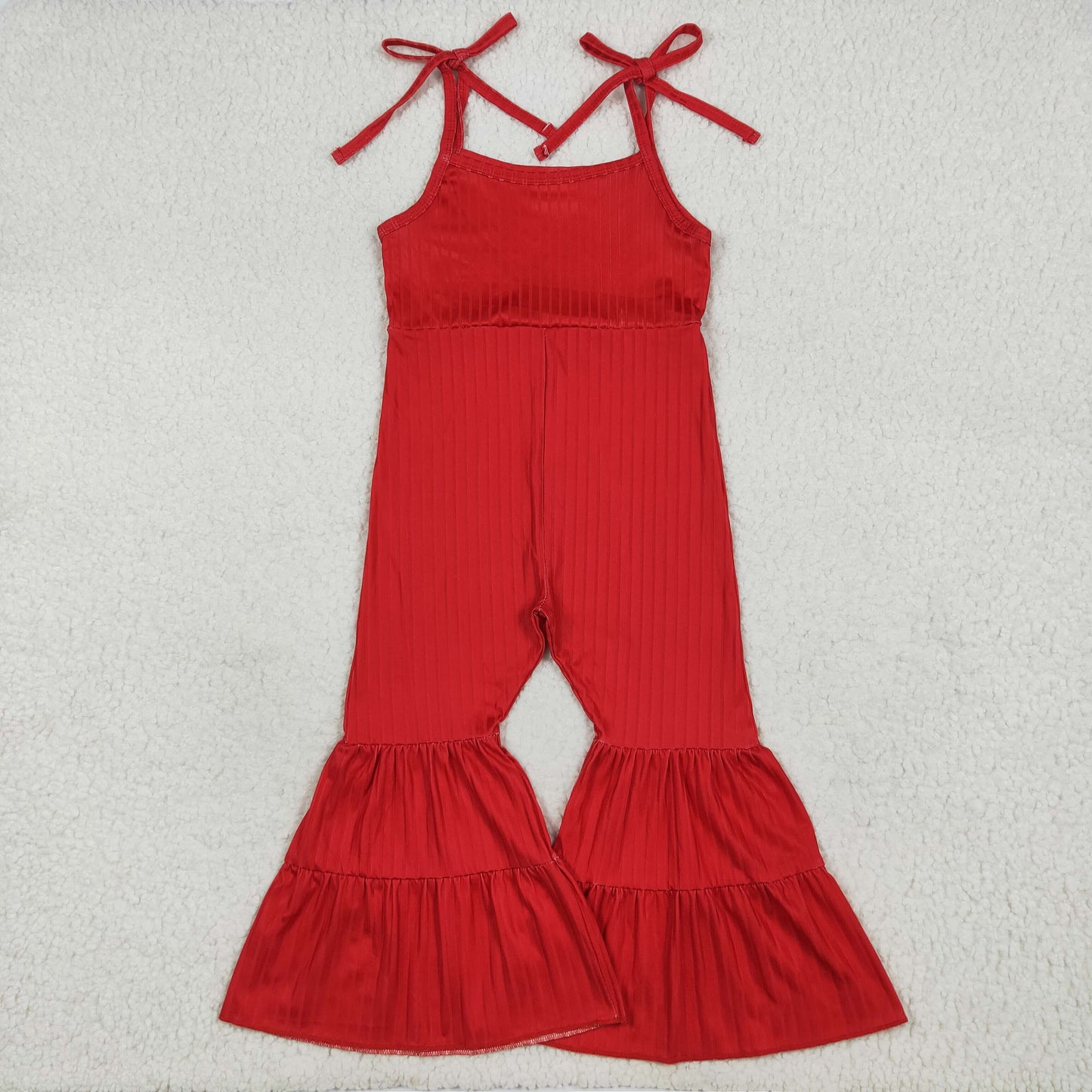 SR3163 Baby Girls Red Strap Bell Bottom Ribbed Jumpsuits