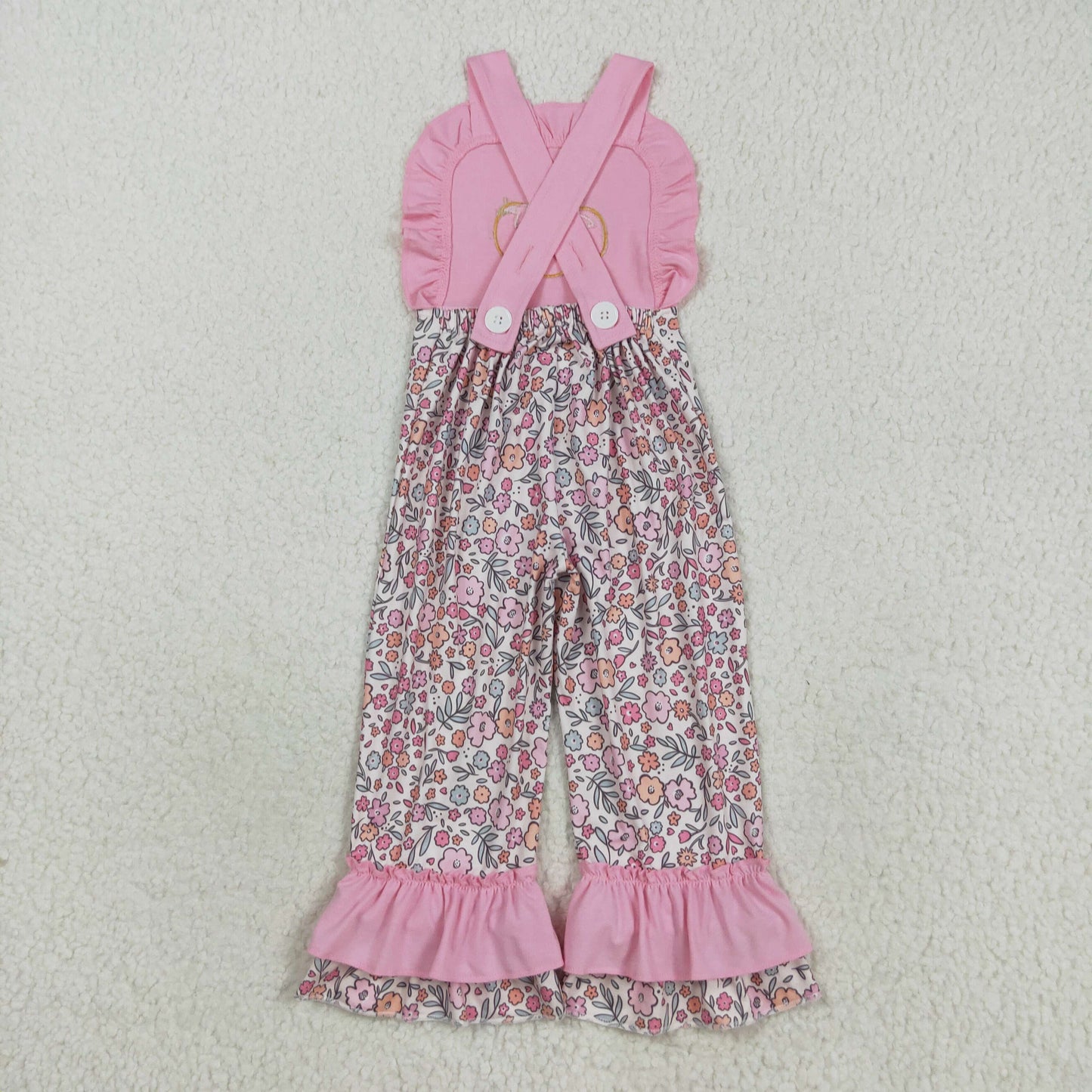 SR3176 Baby Girls Pink Strap Embroidery Bow Pumpkins Floral Ruffle Pant Fall Jumpsuits