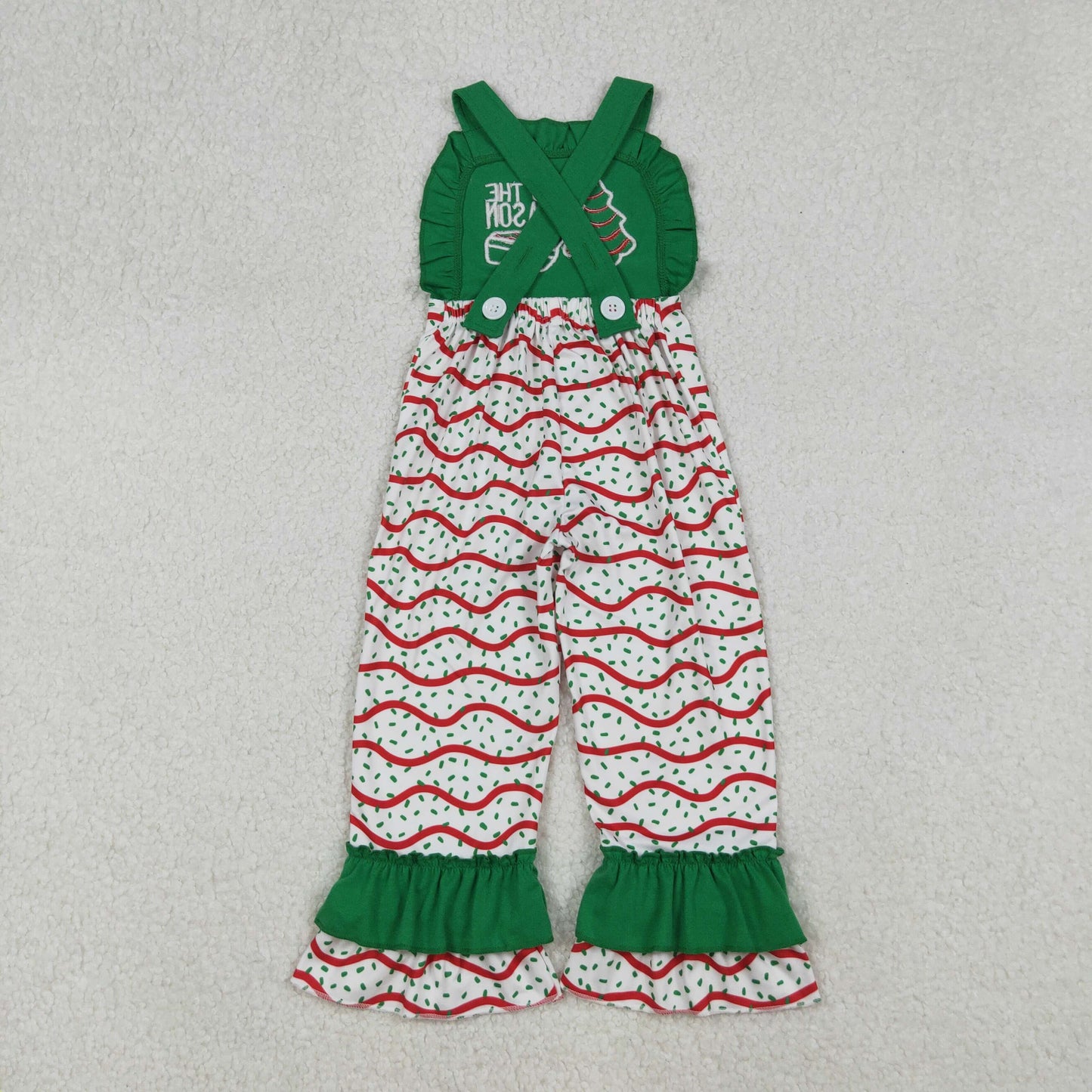 SR3178 Baby Girls Green Strap Embroidery Stripe Trees Ruffle Pant Christmas Jumpsuits