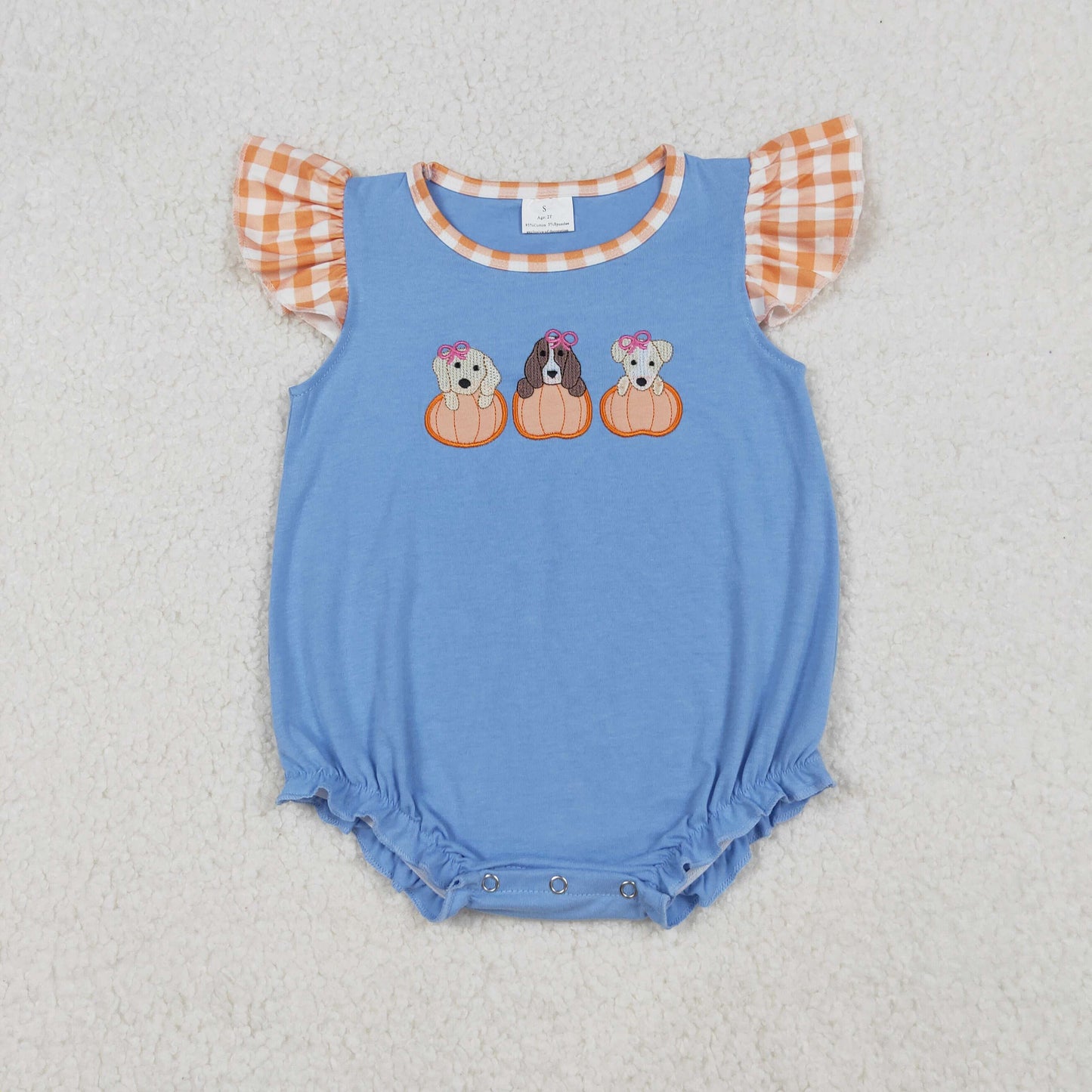 SR3191 Baby Girls Flutter Sleeve Embroidery Dogs Pumpkins Fall Ruffle Rompers