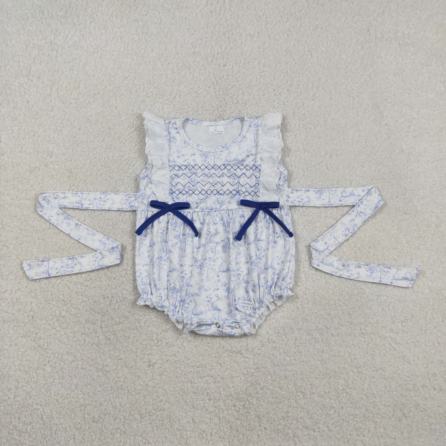 SR3219 Baby Girls Sleeveless Embroidery Blue Rabbit Flowers Easter Ruffle Romper