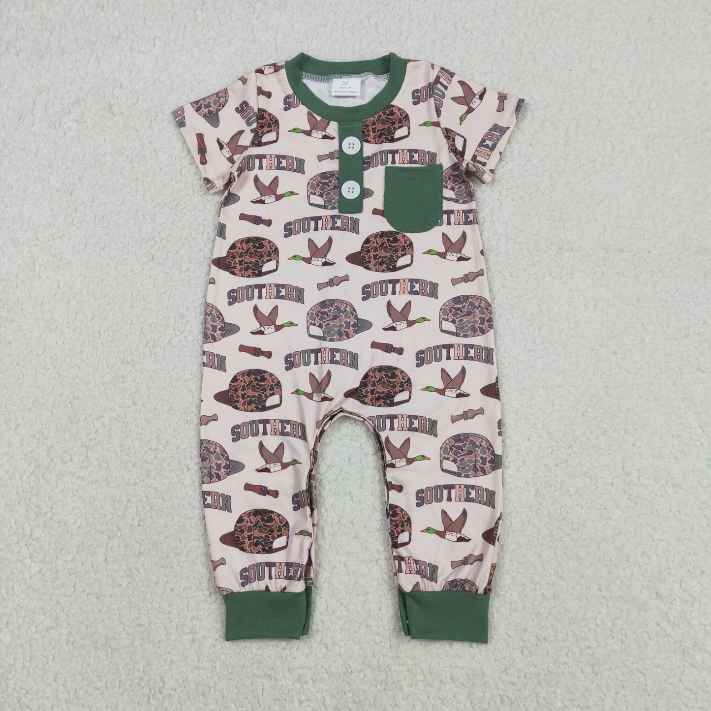 SR3245 Baby Boys Camo Hats Ducks Calls Southern HUnting Button Pockets Rompers