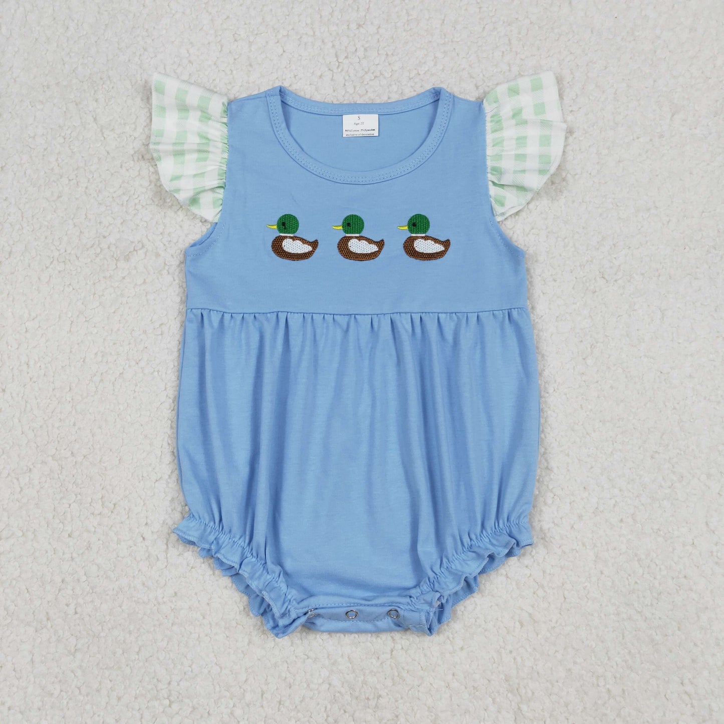 SR3266 Baby Girls Flutter Sleeve Embroidery Ducks Hunting Ruffle Rompers
