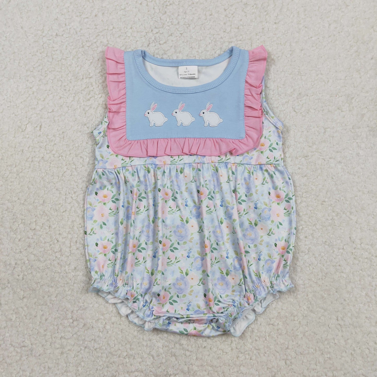 SR3271 Baby Girls Sleeveless Embroidery Rabbits Flowers Easter Ruffle Rompers