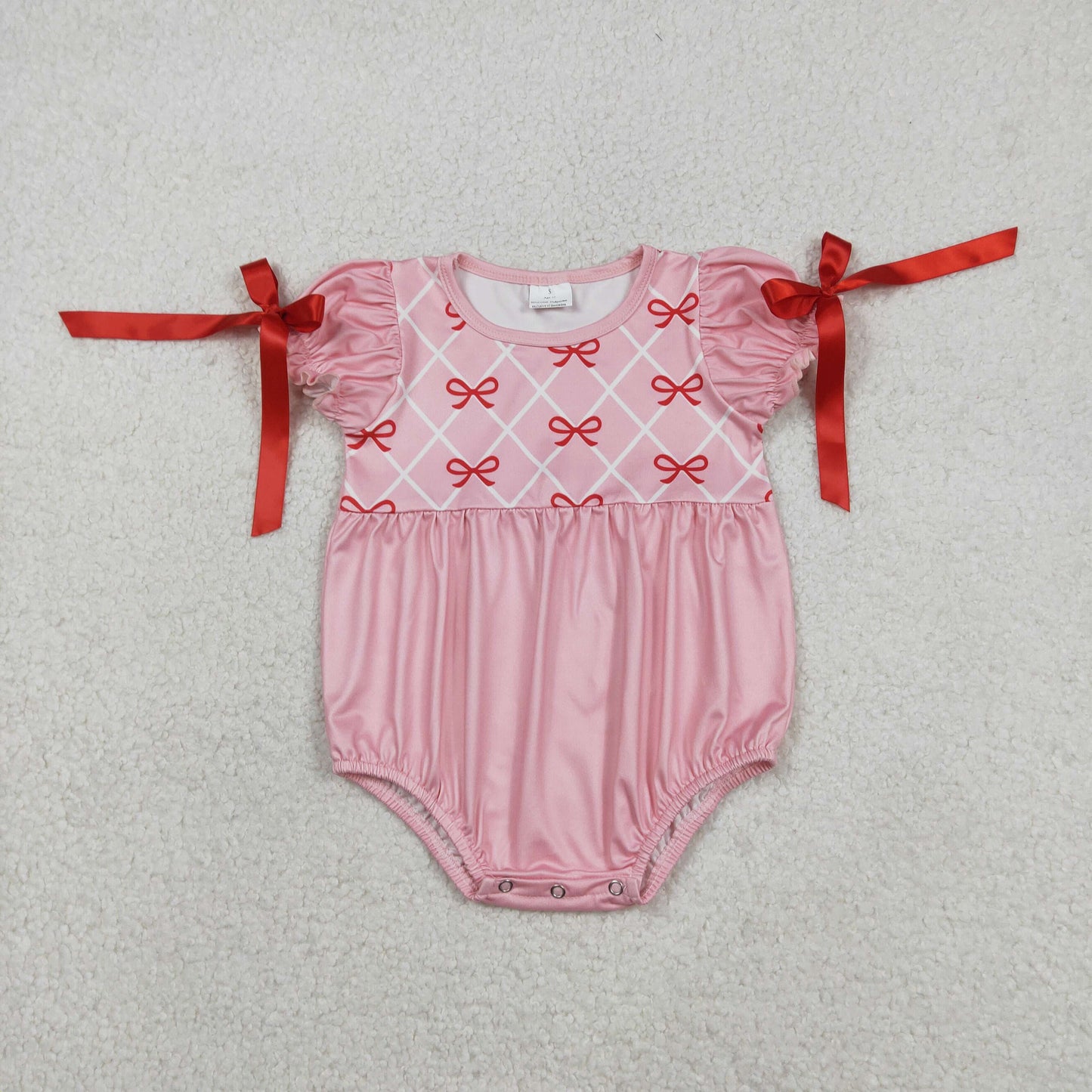 SR3285 Baby Girls Short Sleeve Bows Checked Ruffle Rompers