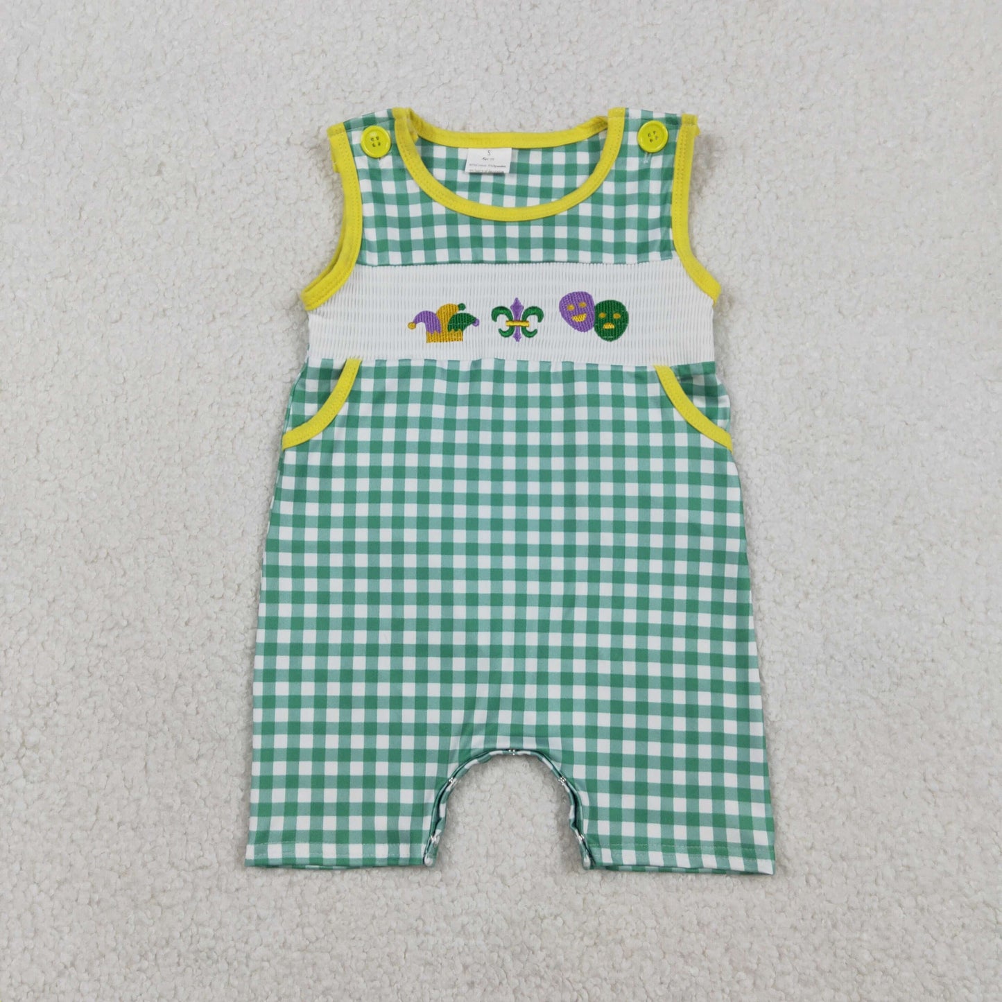 SR3312 Smocked Mask Anchors Baby Boys Green Checked Mardigras Pockets Rompers