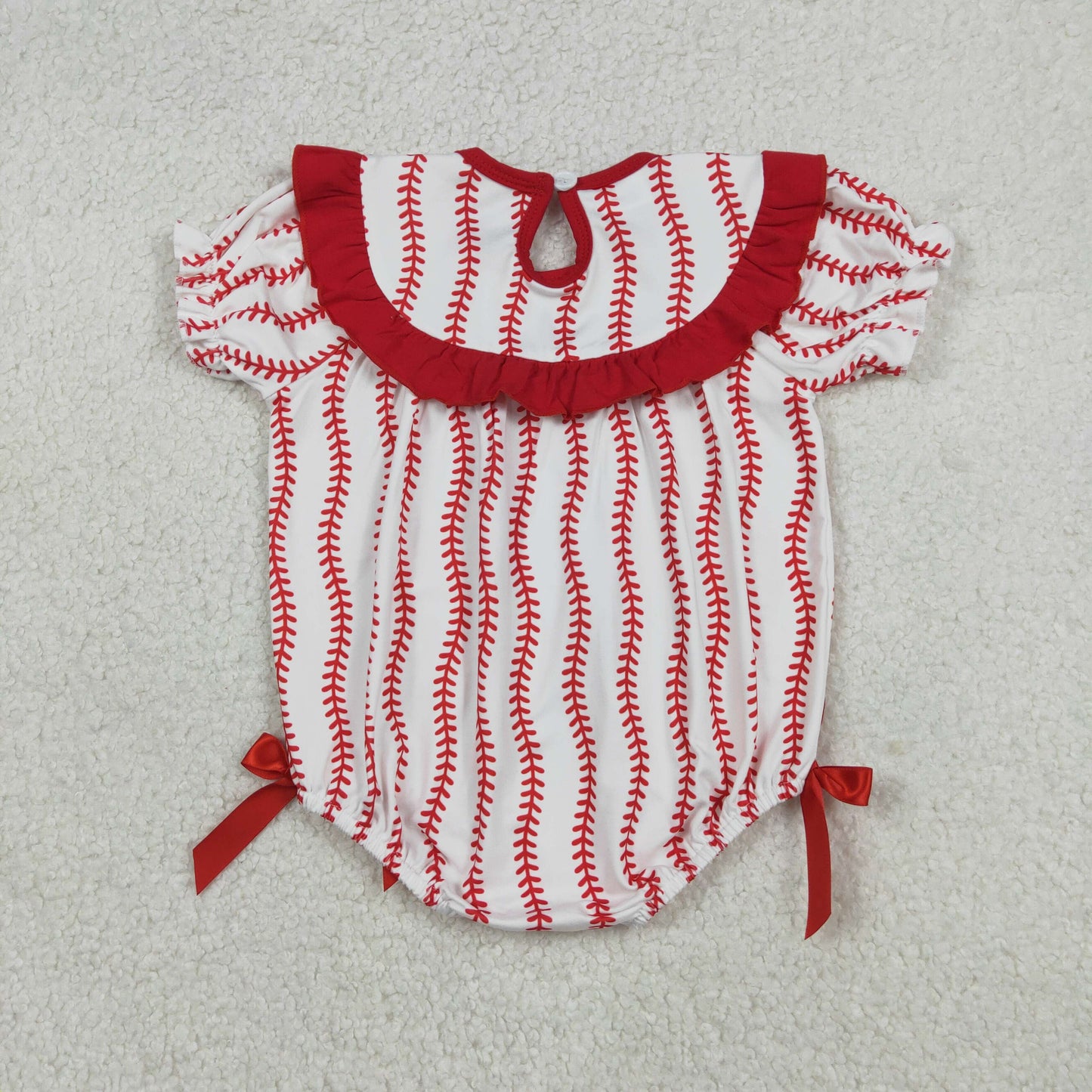 SR3345 Smocked Bows Baseballs Baby Girls Team Stripe Ruffle Rompers