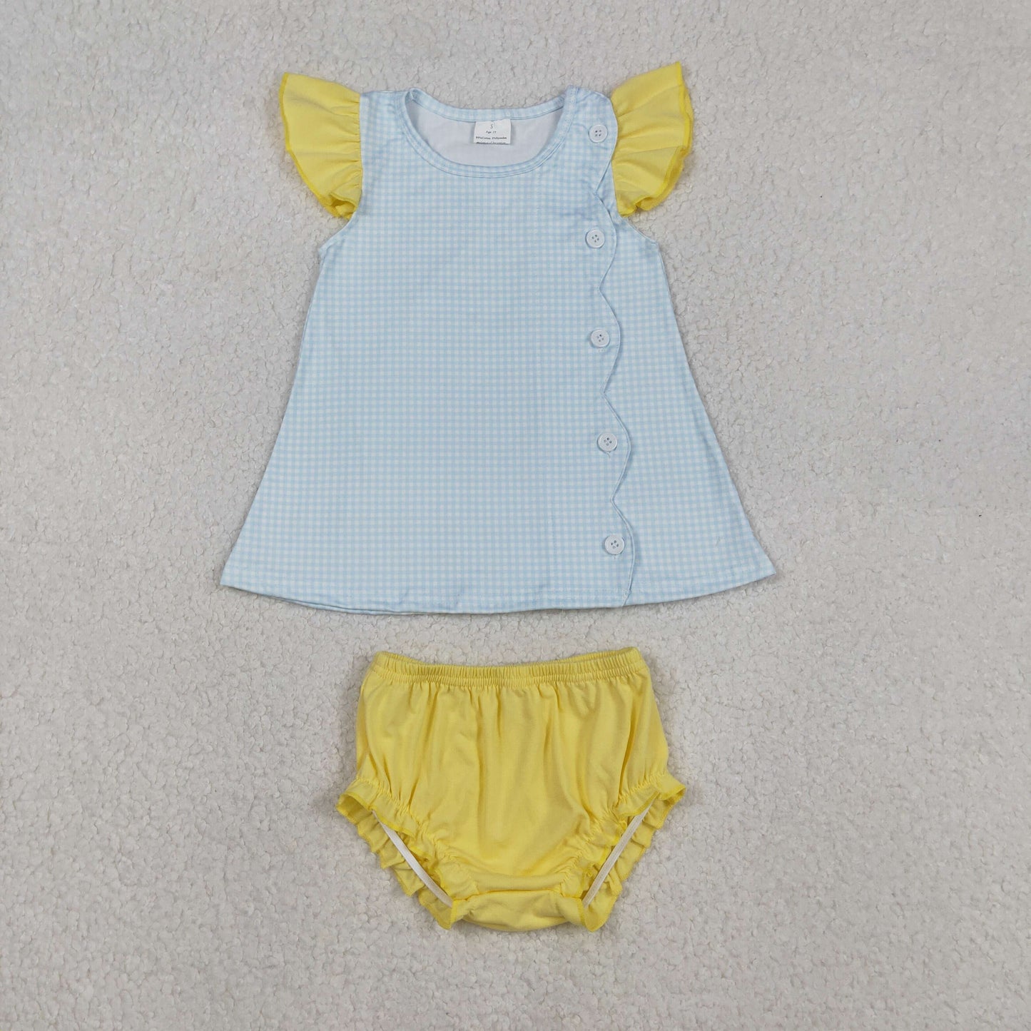 SR3364 Baby Girls Flutter Sleeve Blue Checked Button Tunic Bummies Clothes Sets