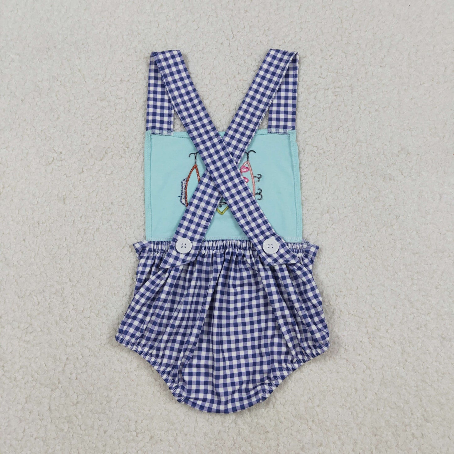 SR3412 Baby Boys Blue Checked Strap Embroidery Fishing Hunting Rompers