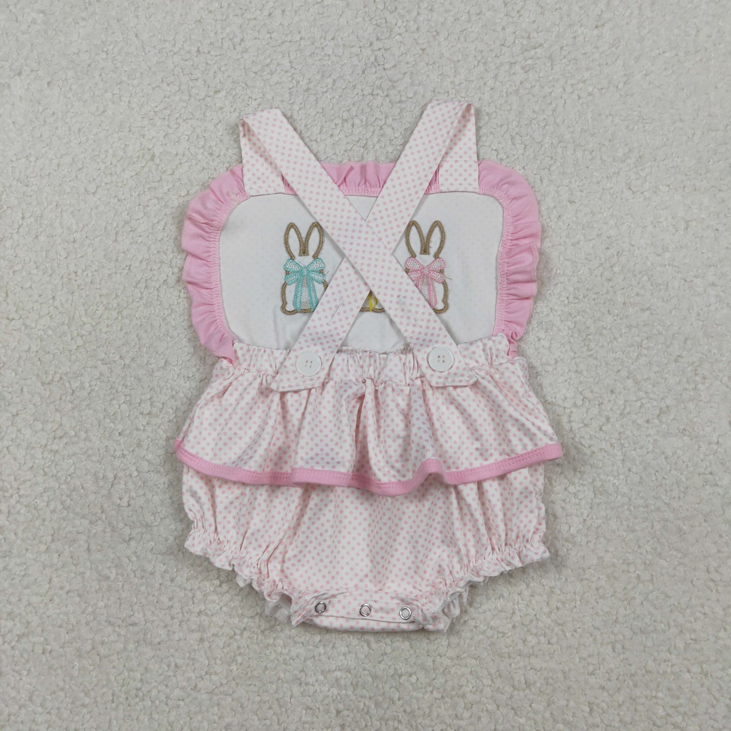 SR3477 Baby Girls Strap Pink Polka Dots Embroidery Bow Rabbits Easter Ruffle Rompers