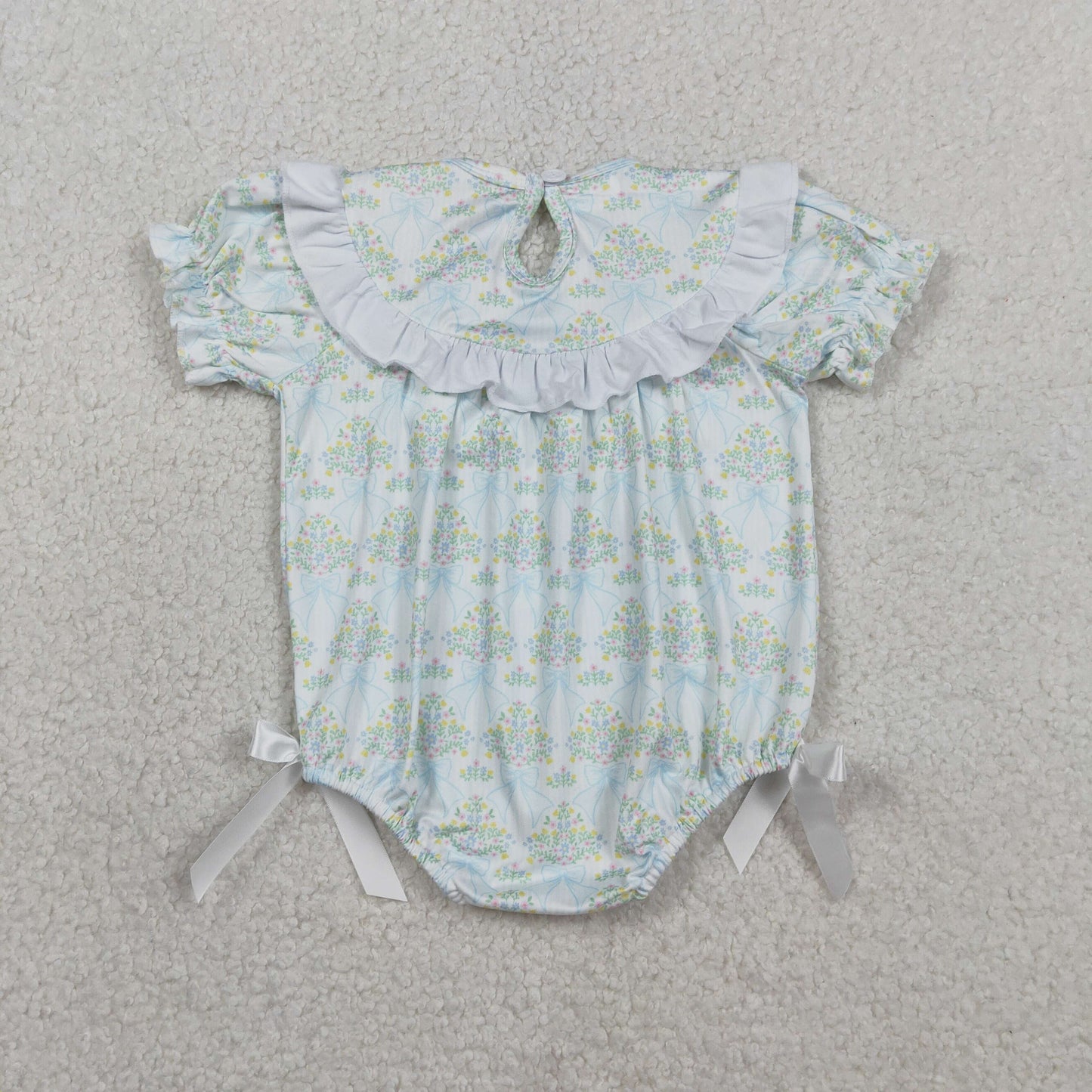 SR3487 Smocked Bows Baby Girls Flowers Bows Checked Ruffle Rompers