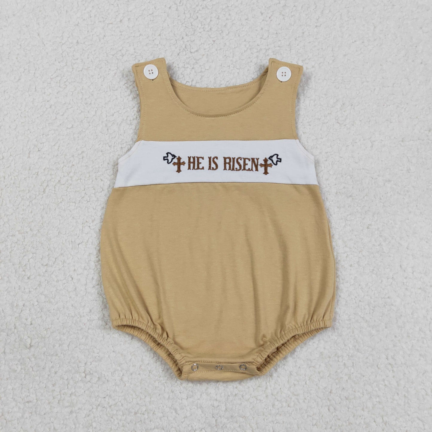 SR3547 Baby Boys Sleeveless Embroidery He is Risen Romper