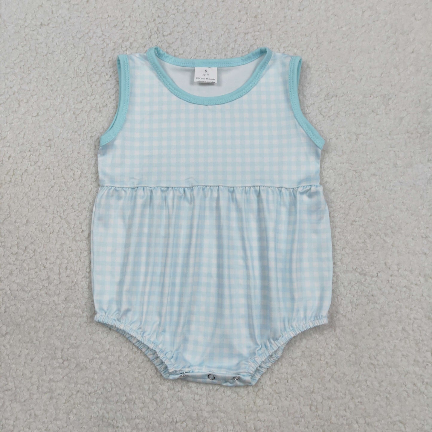 SR3554 Baby Boys Sleeveless Blue Checked Rompers