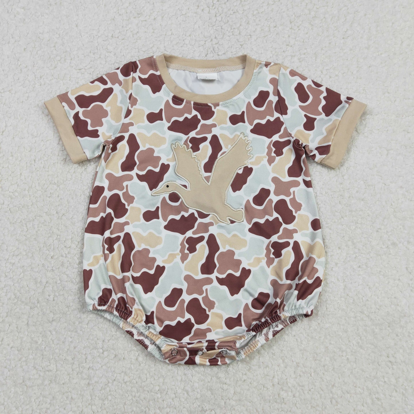 SR3572 Baby Boys Short Sleeve Embroidery Duck Southern Khaki Camo Hunting Rompers
