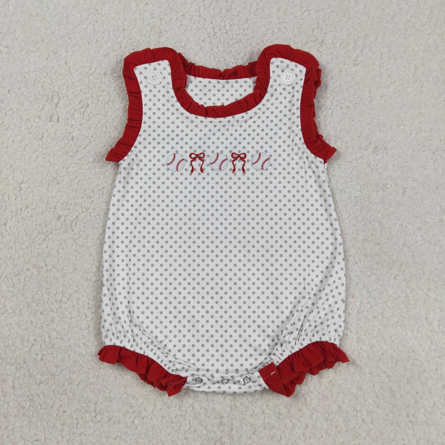 SR3581 Baby Girls Sleeveless Embroidery Bows Baseballs Team Ruffle Romper