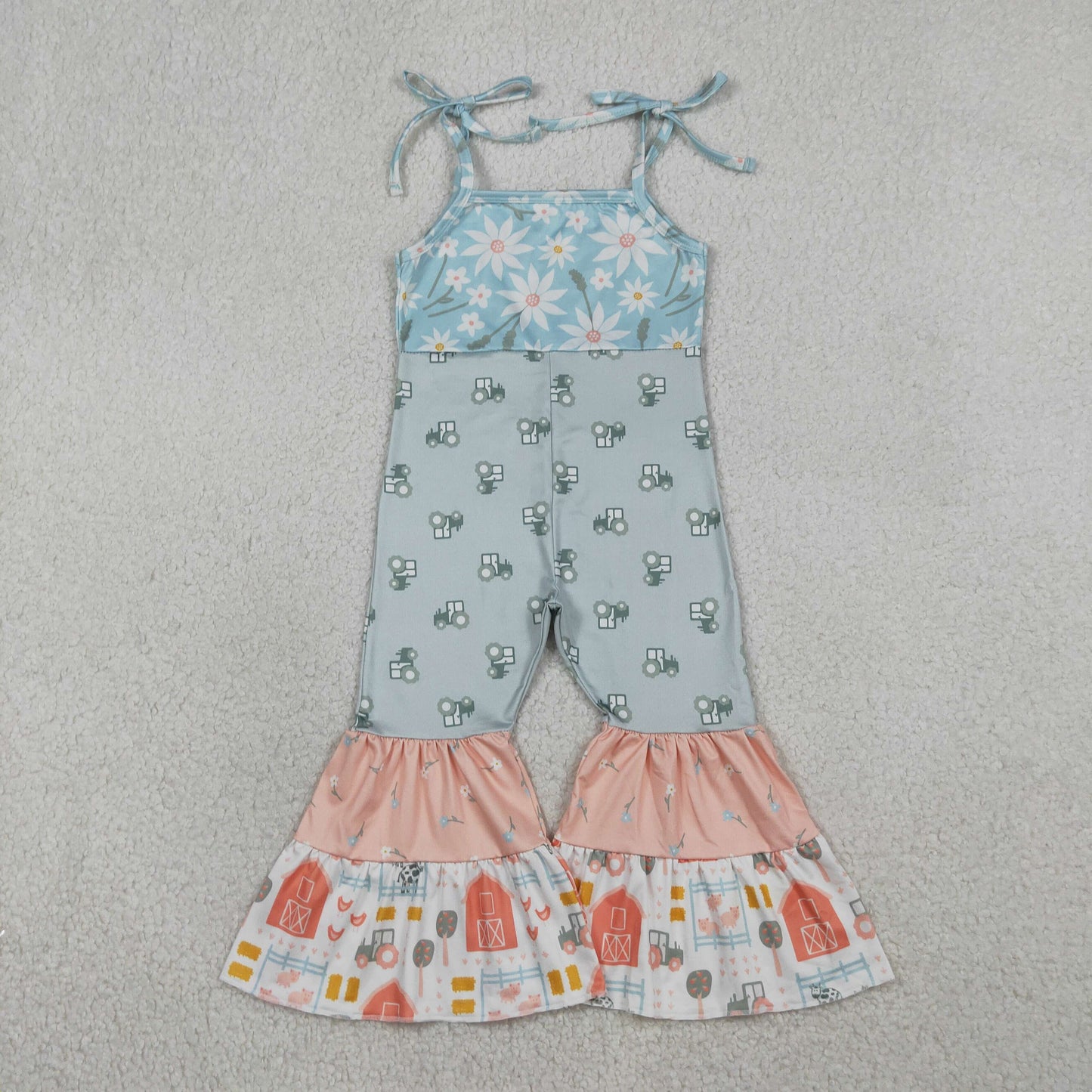 Sibling Baby Girls Strap Flowers Chicks Trucks Farm Patchwork Jumpsuits