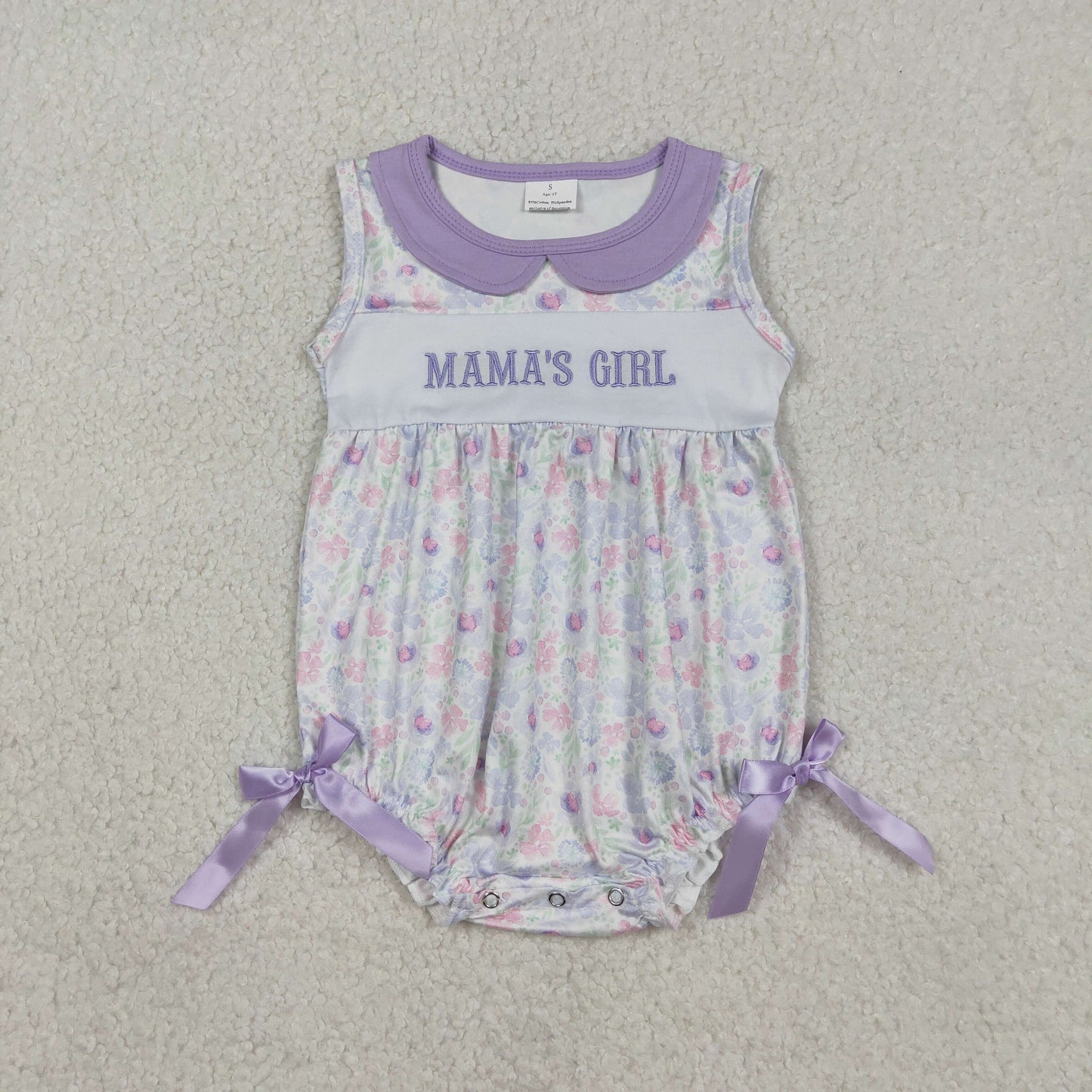 SR3591 Baby Girls Sleeveless Collar Embroidery Mama's Girl Flowers Ruffle Rompers