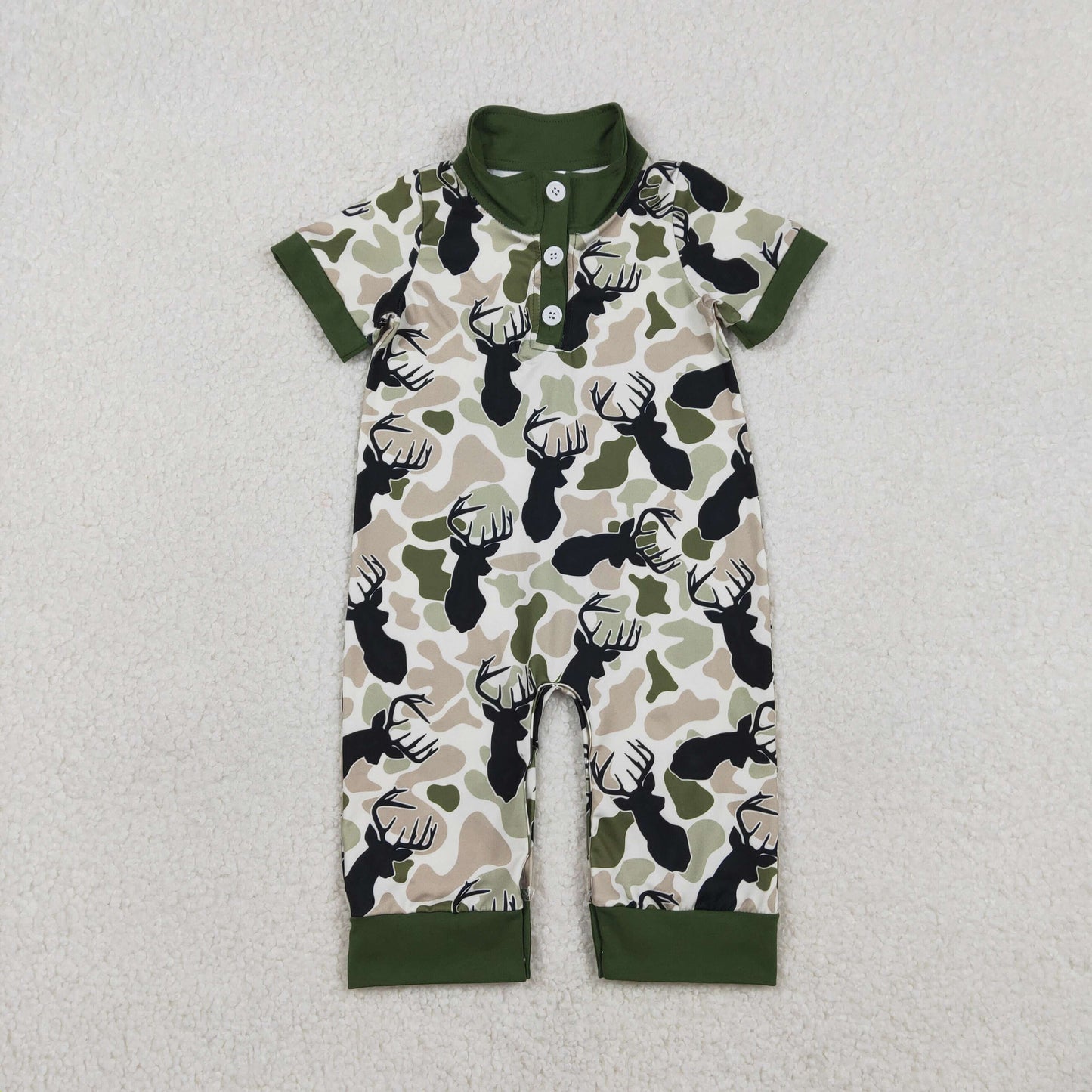 SR3636 Baby Boys Short Sleeve Southern Camo Deer Button Hunting Rompers