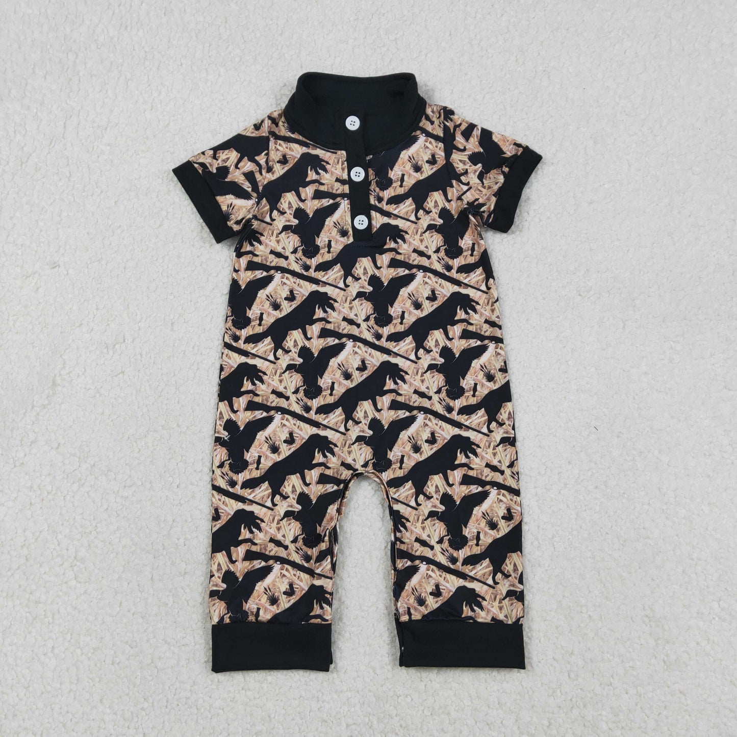 SR3637 Baby Boys Short Sleeve Southern Camo Dog Ducks Button Hunting Rompers