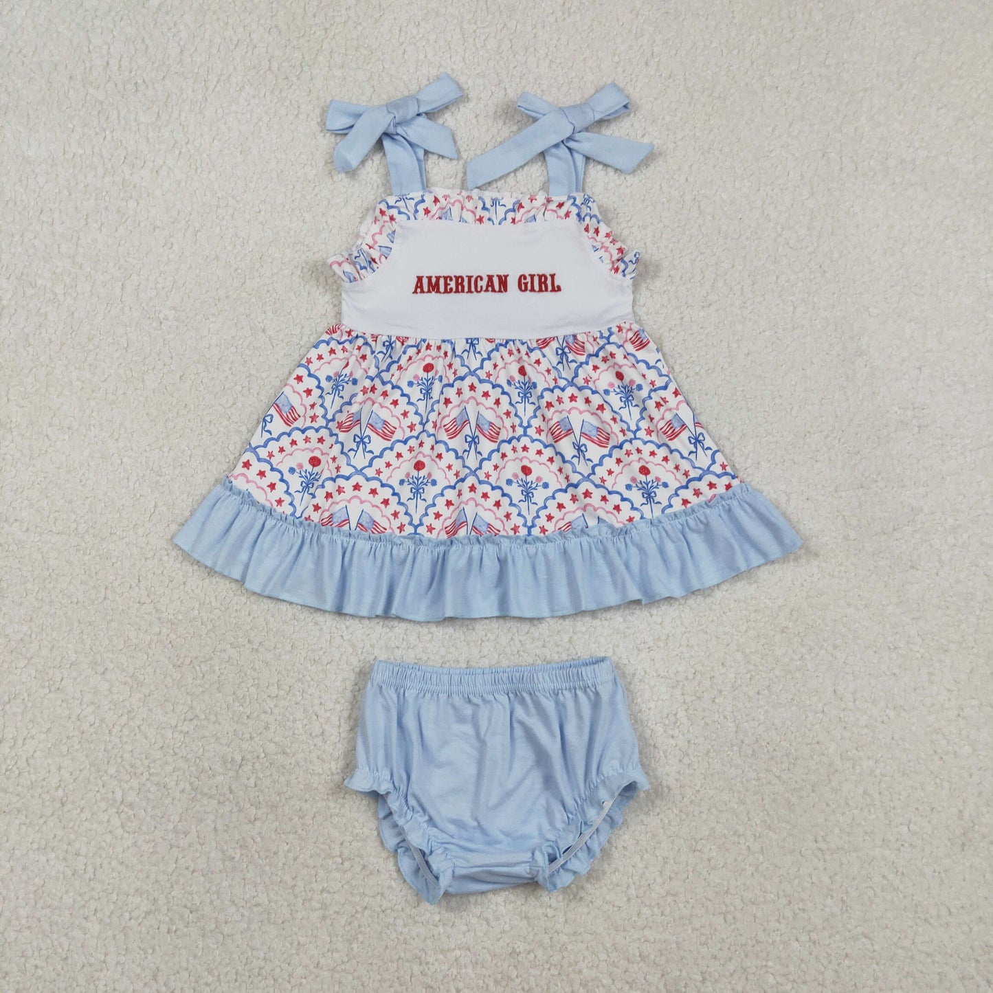 SR3648 Embroidery America Girl Strap Bow Flags Checked Tunic Bummies 4th of July Clothe Rompers