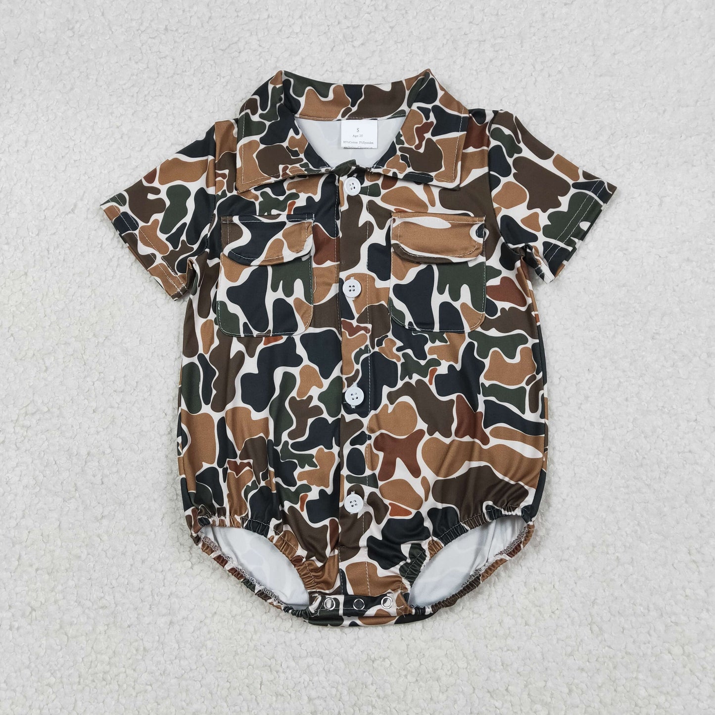 SR3656 Baby Boys Short Sleeve Southern Dark Brown Camo Pockets Button Rompers